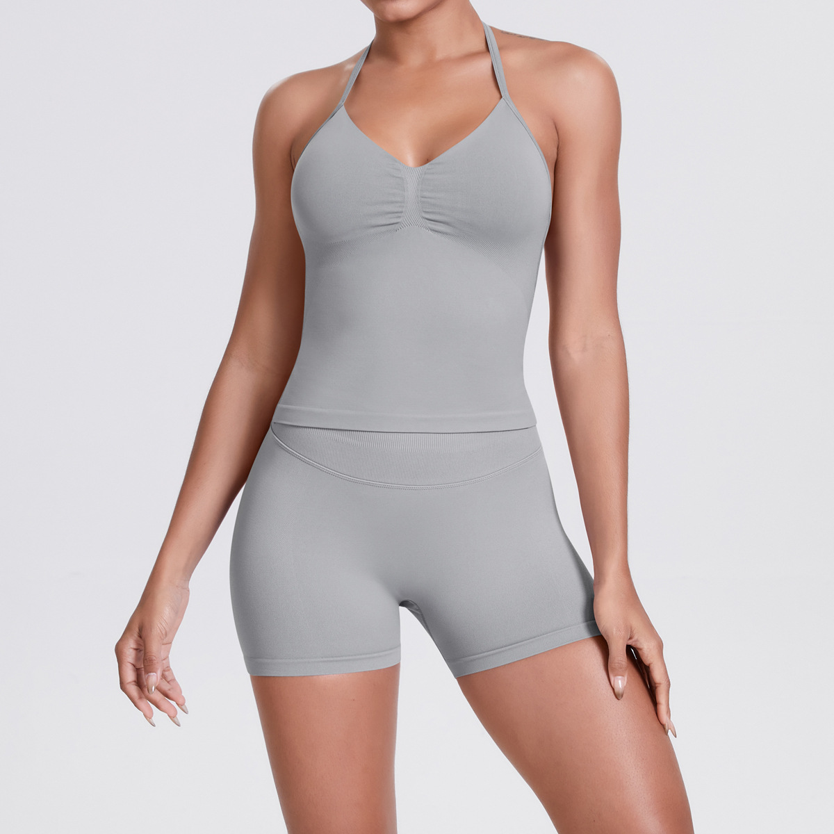 Naked Soft Fitness Set, Thin Halter Back Long Crop Tank 28 Colors, Tummy Control Compression Shorts 28 Colors, YFYS6700+YFYS6688