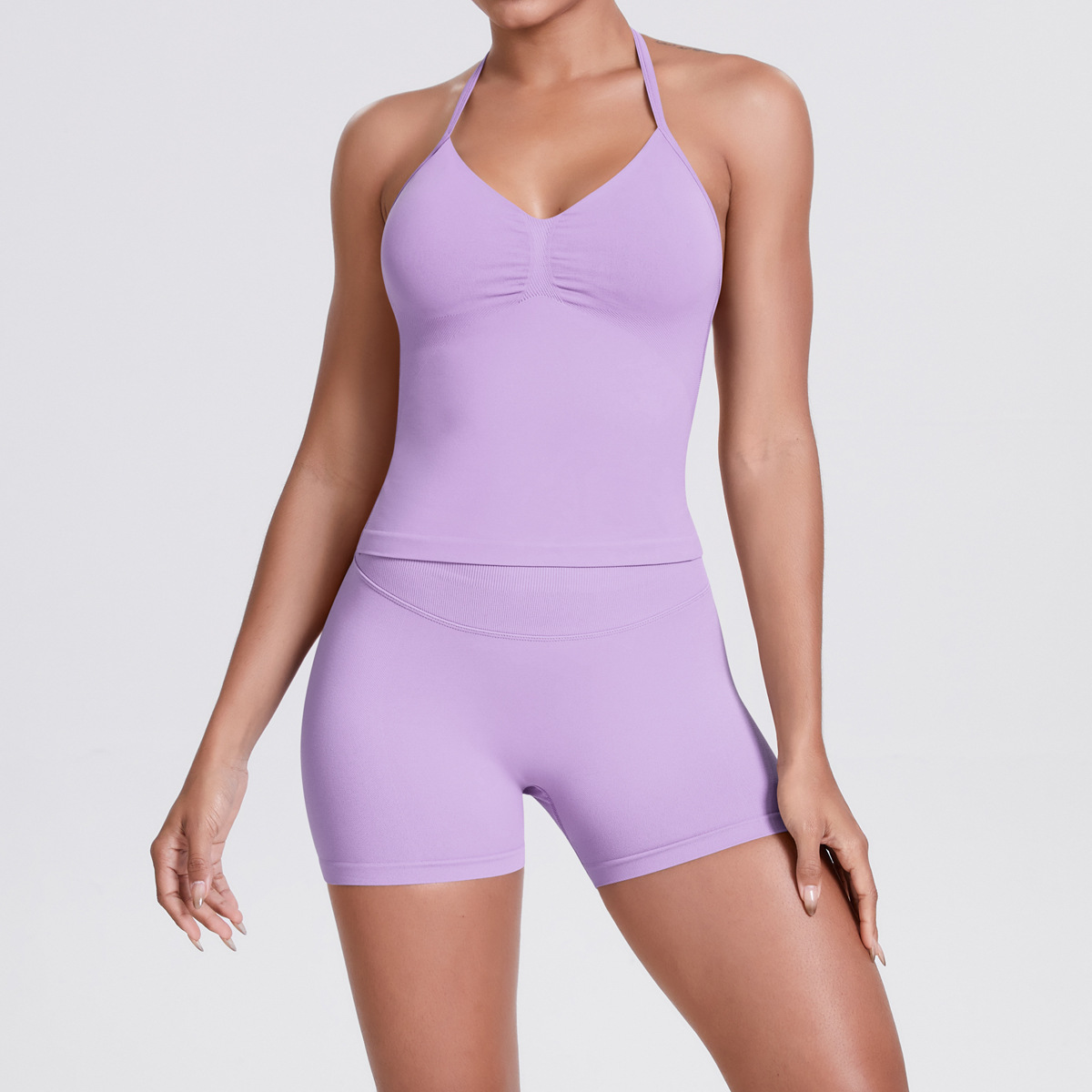 Naked Soft Fitness Set, Thin Halter Back Long Crop Tank 28 Colors, Tummy Control Compression Shorts 28 Colors, YFYS6700+YFYS6688