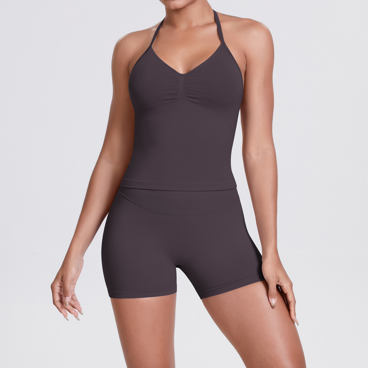 Naked Soft Fitness Set, Thin Halter Back Long Crop Tank 28 Colors, Tummy Control Compression Shorts 28 Colors, YFYS6700+YFYS6688