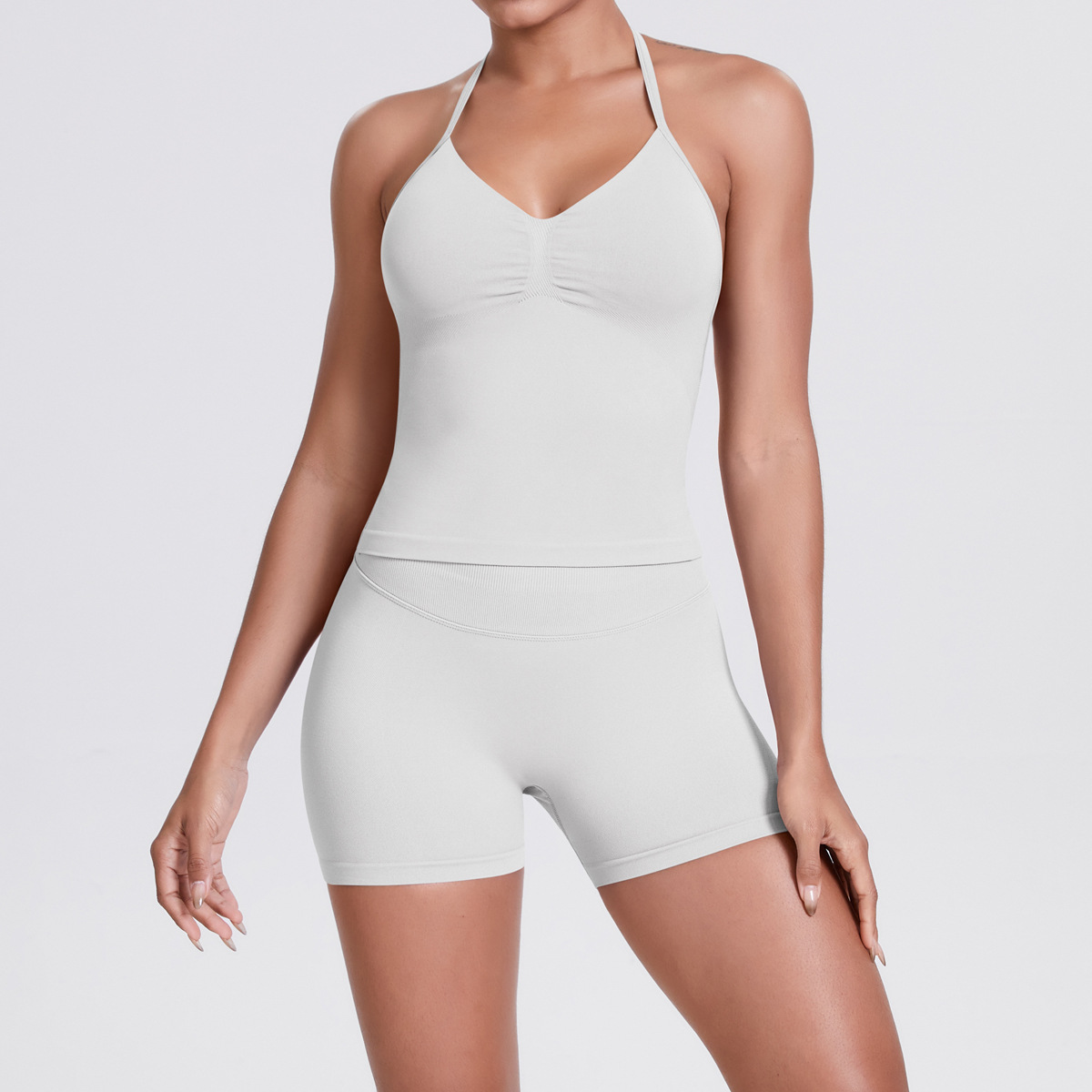 Naked Soft Fitness Set, Thin Halter Back Long Crop Tank 28 Colors, Tummy Control Compression Shorts 28 Colors, YFYS6700+YFYS6688