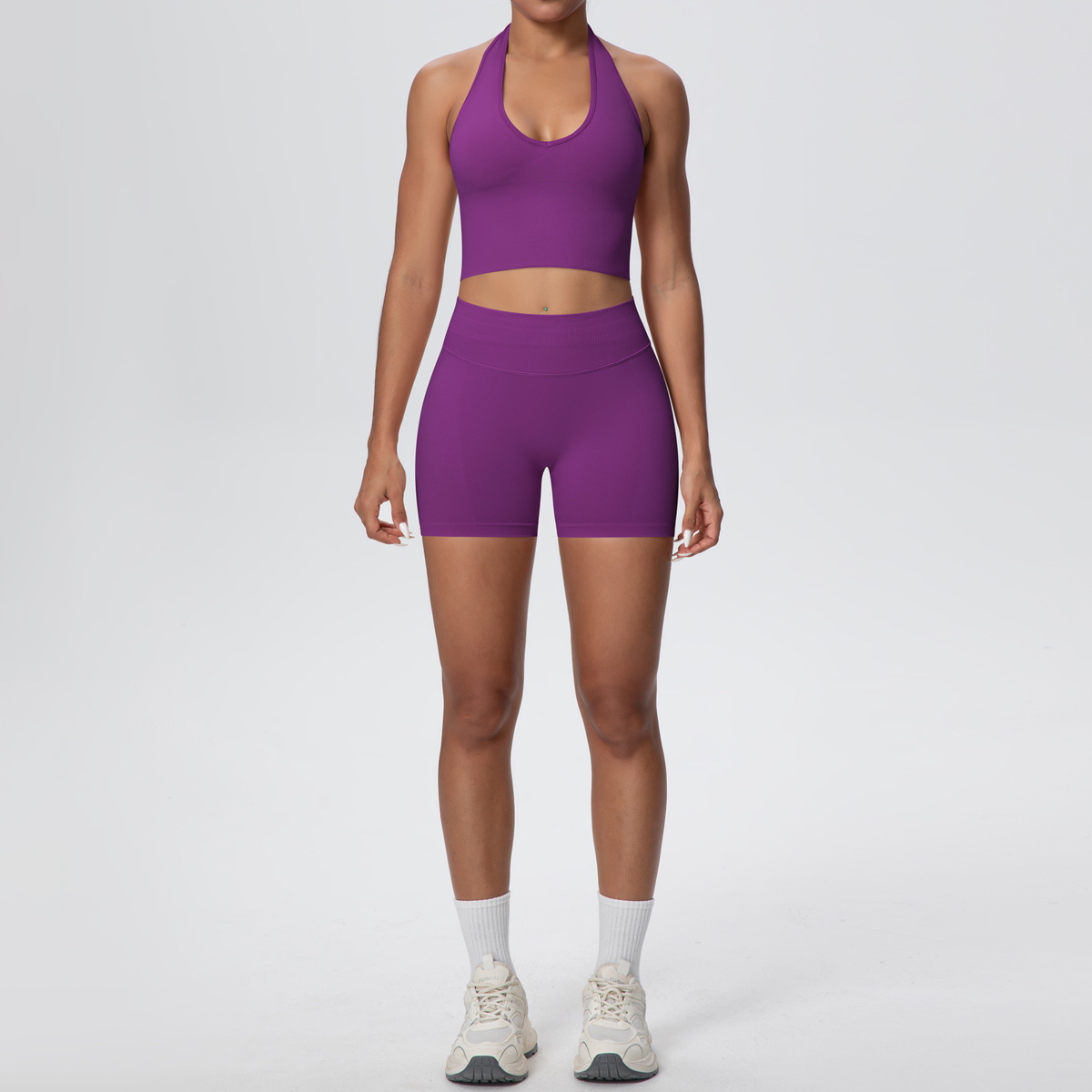 Quick Dry Training Set, Deep U Neck Halter Crop Top 10 Colors, Solid Color Tight Lifting Shorts 10 Colors, YFYS6703+YFYS6688