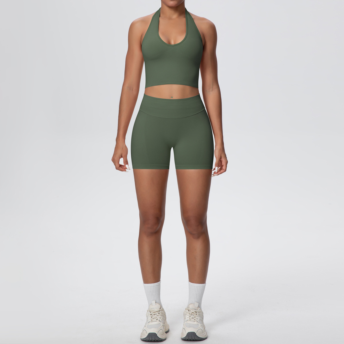 Quick Dry Training Set, Deep U Neck Halter Crop Top 10 Colors, Solid Color Tight Lifting Shorts 10 Colors, YFYS6703+YFYS6688