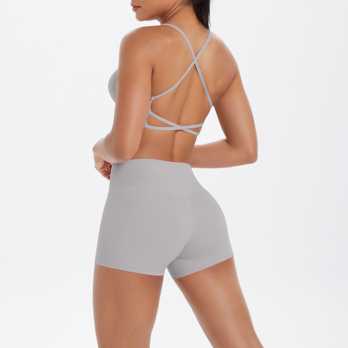 Naked Soft Fitness Set, Multi Thin Strap Cross Back Crop Bra 10 Colors, Tummy Control Compression Shorts 10 Colors, YFYS7112+YFYS7101