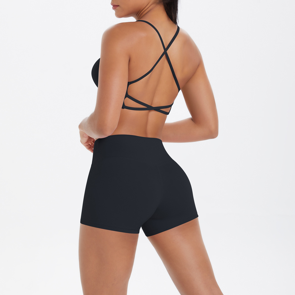 Women U Neck Halter Yoga 2-Piece Outfit, Hollow Back Halter Sports Bra 7 Colors, High Waist Side Pocket Biker Shorts 7 Colors, YFYS7125+YFYS7109