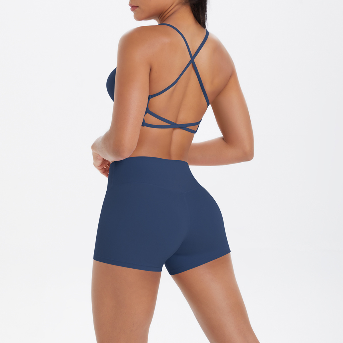 Women U Neck Halter Yoga 2-Piece Outfit, Hollow Back Halter Sports Bra 7 Colors, High Waist Side Pocket Biker Shorts 7 Colors, YFYS7125+YFYS7109