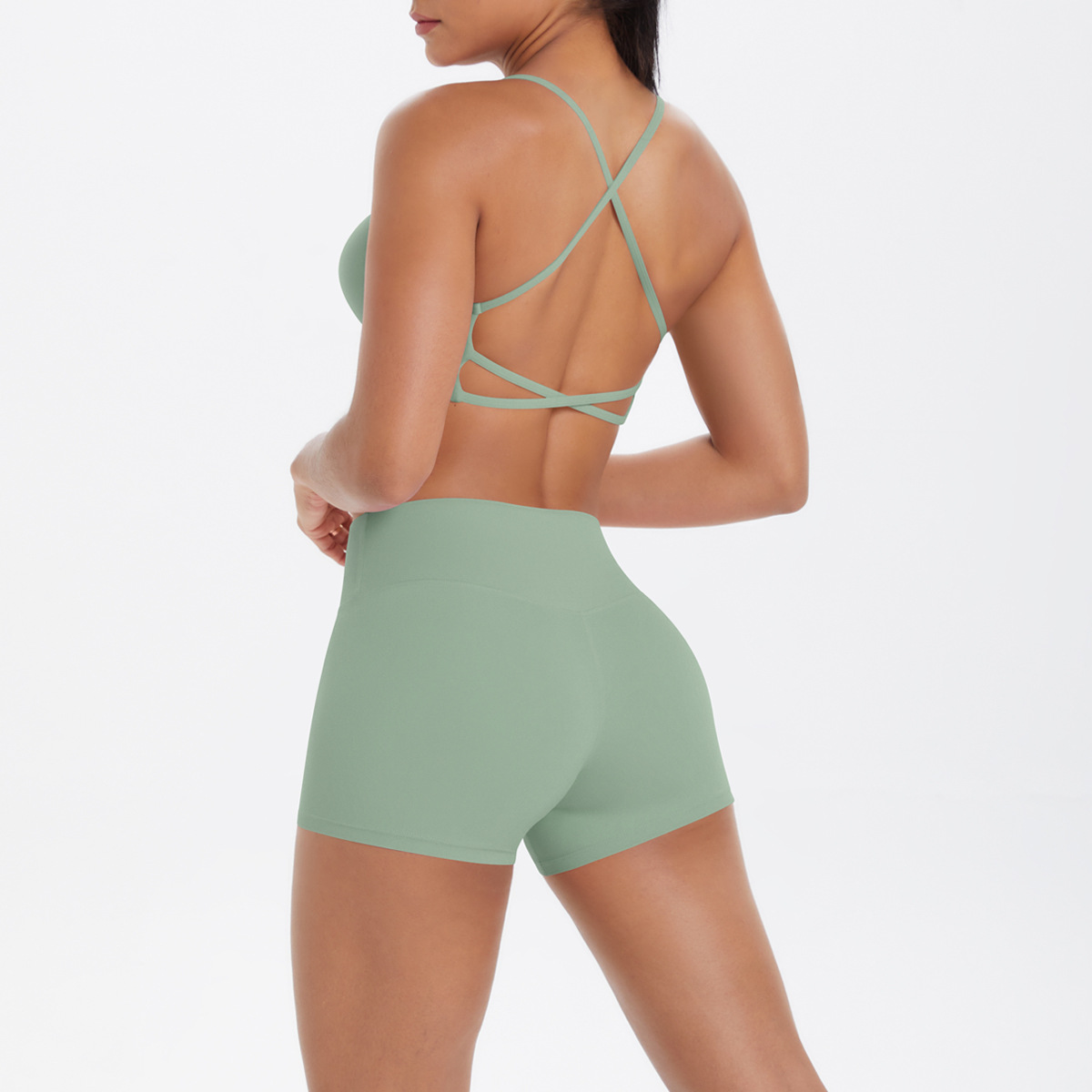 Women U Neck Halter Yoga 2-Piece Outfit, Hollow Back Halter Sports Bra 7 Colors, High Waist Side Pocket Biker Shorts 7 Colors, YFYS7125+YFYS7109