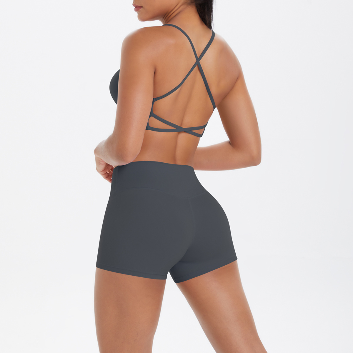 Women U Neck Halter Yoga 2-Piece Outfit, Hollow Back Halter Sports Bra 7 Colors, High Waist Side Pocket Biker Shorts 7 Colors, YFYS7125+YFYS7109