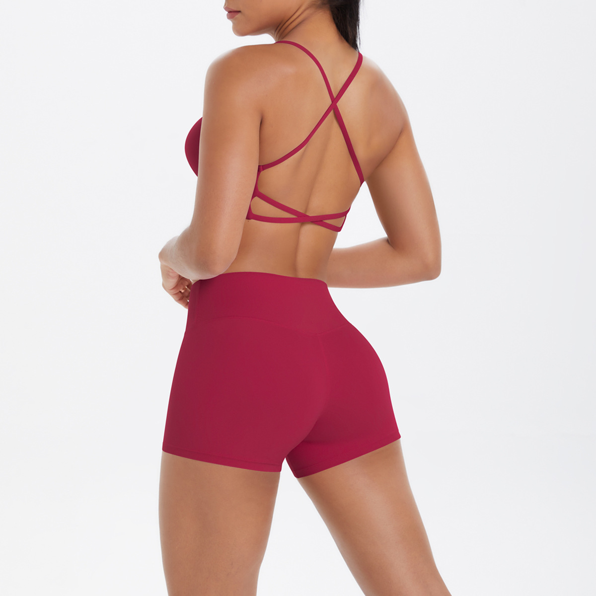 Women U Neck Halter Yoga 2-Piece Outfit, Hollow Back Halter Sports Bra 7 Colors, High Waist Side Pocket Biker Shorts 7 Colors, YFYS7125+YFYS7109