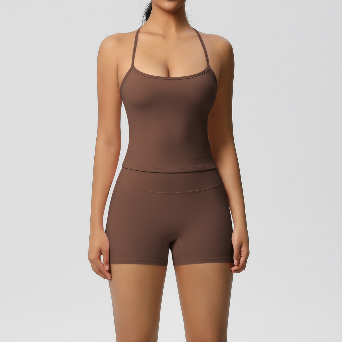 Daily Casual Yoga Matching Outfit, Cross Back Longline Cami Top 15 Colors, Slim Fit Seamless Biker Shorts 15 Colors, YFYS7107+YFYS7101