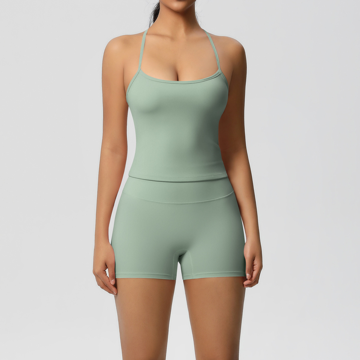 Daily Casual Yoga Matching Outfit, Cross Back Longline Cami Top 15 Colors, Slim Fit Seamless Biker Shorts 15 Colors, YFYS7107+YFYS7101