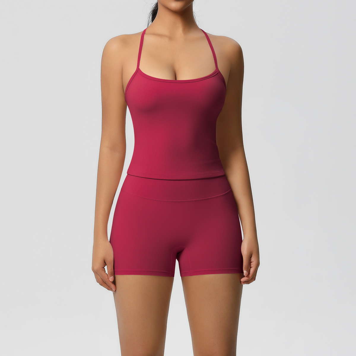 Daily Casual Yoga Matching Outfit, Cross Back Longline Cami Top 15 Colors, Slim Fit Seamless Biker Shorts 15 Colors, YFYS7107+YFYS7101