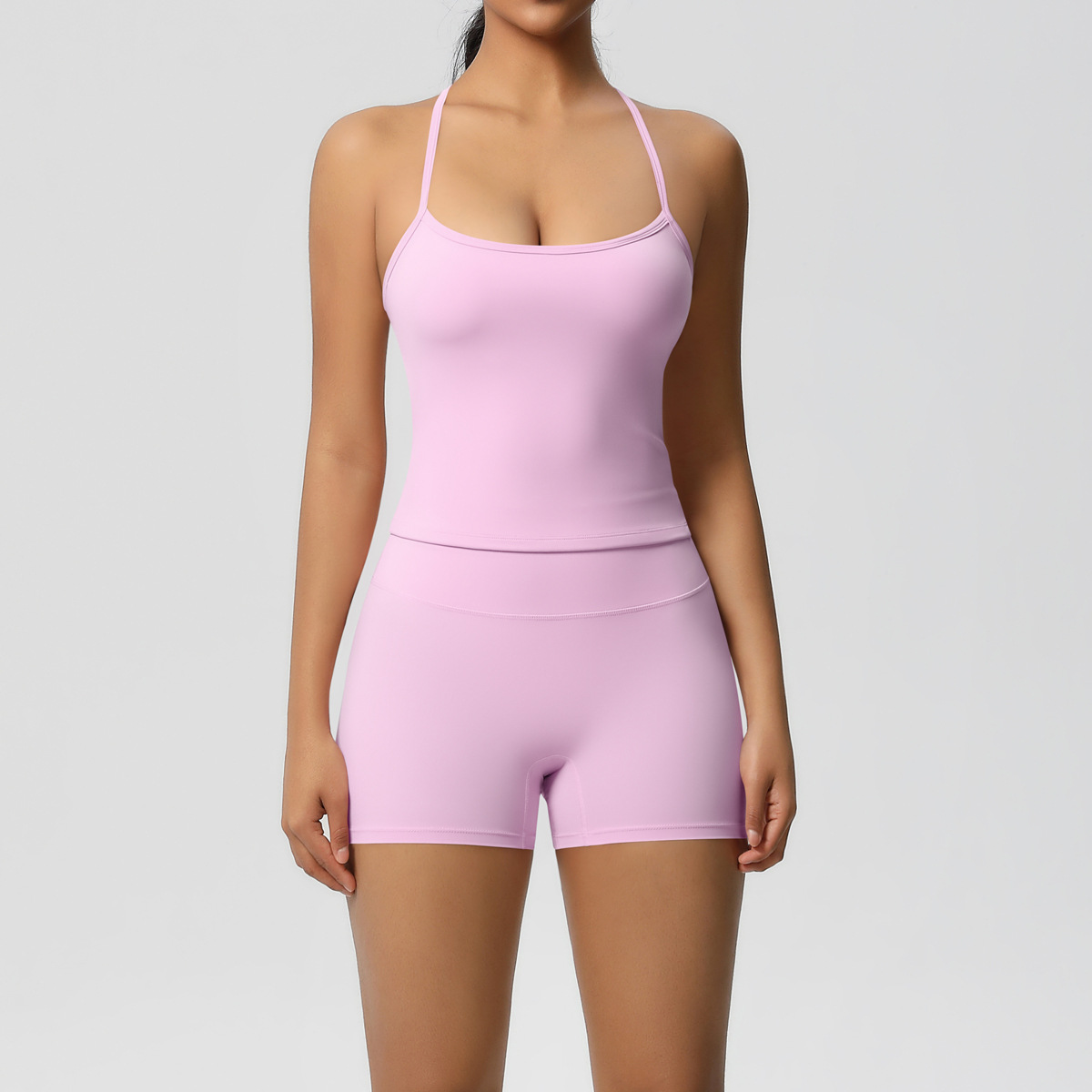 Daily Casual Yoga Matching Outfit, Cross Back Longline Cami Top 15 Colors, Slim Fit Seamless Biker Shorts 15 Colors, YFYS7107+YFYS7101