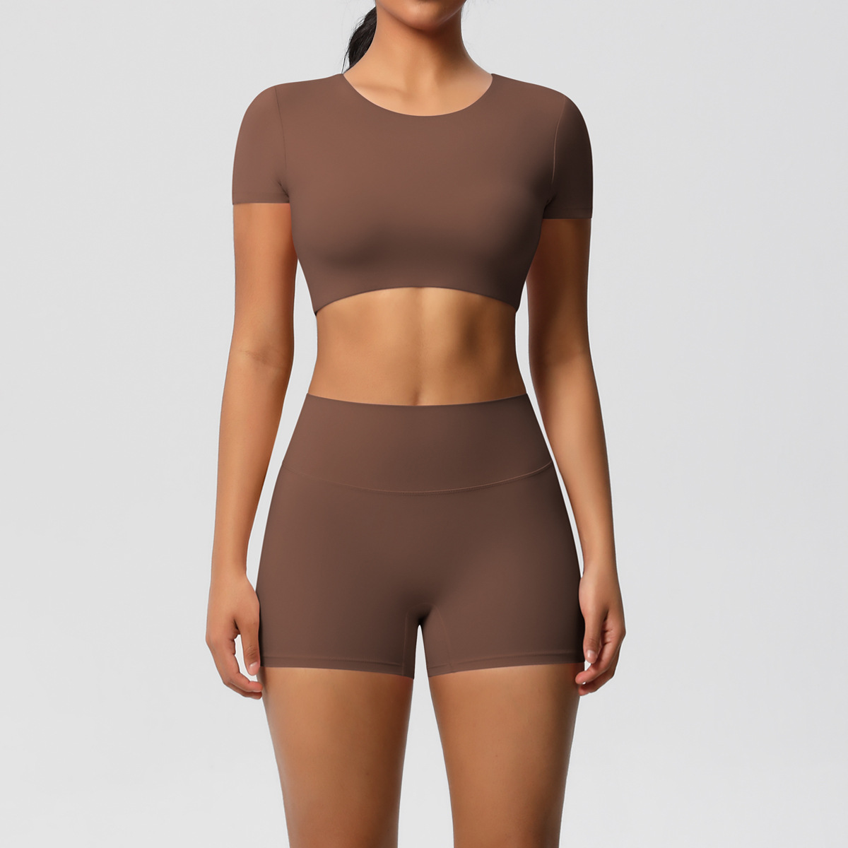 Women Crew Neck Short Sleeve Yoga 2-Piece Outfit, Round Neck Cropped Sports Top 10 Colors, High Waist Butt Lifting Biker Shorts 10 Colors, YFYS7105+YFYS7101