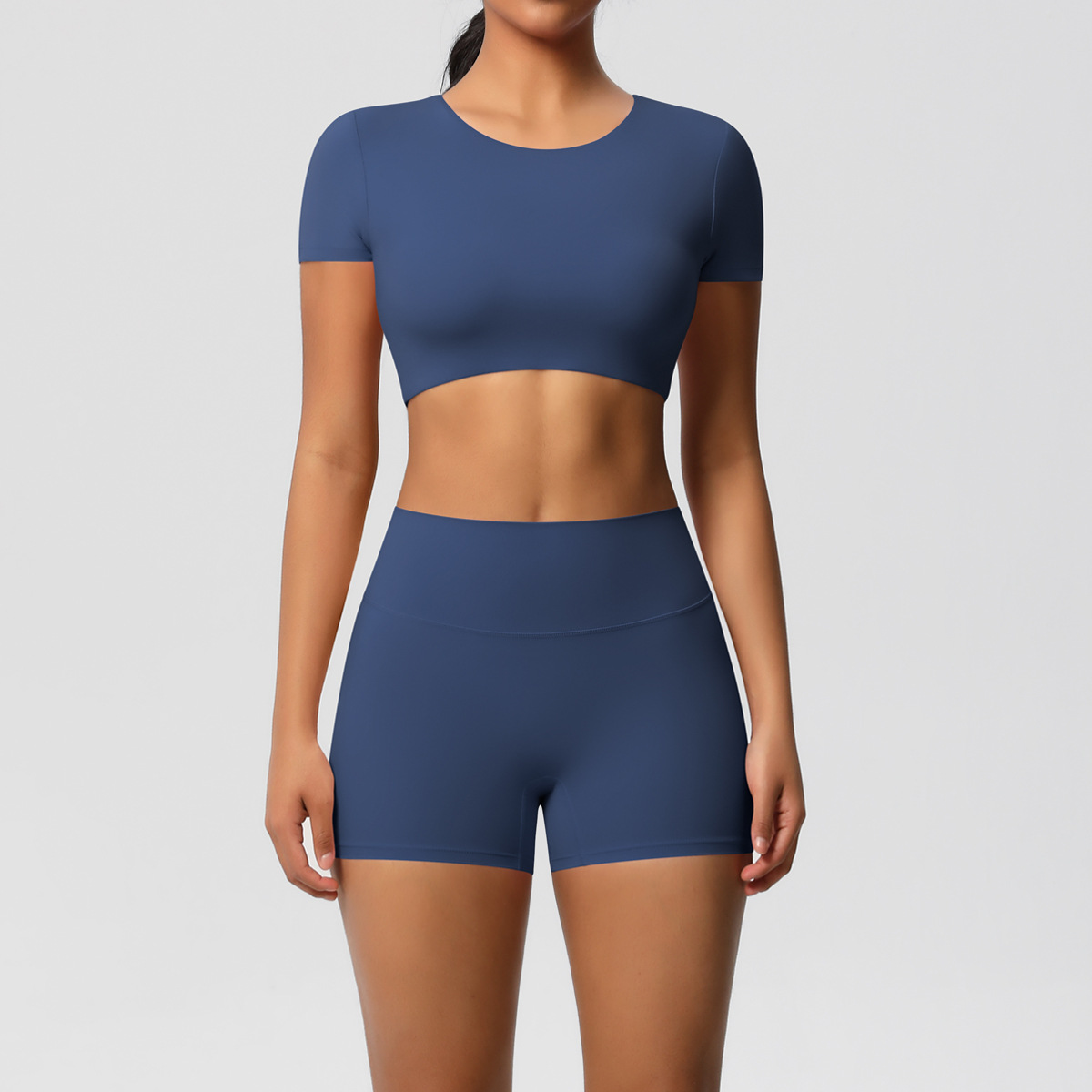 Women Crew Neck Short Sleeve Yoga 2-Piece Outfit, Round Neck Cropped Sports Top 10 Colors, High Waist Butt Lifting Biker Shorts 10 Colors, YFYS7105+YFYS7101