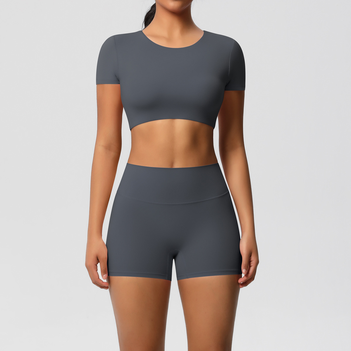 Women Crew Neck Short Sleeve Yoga 2-Piece Outfit, Round Neck Cropped Sports Top 10 Colors, High Waist Butt Lifting Biker Shorts 10 Colors, YFYS7105+YFYS7101