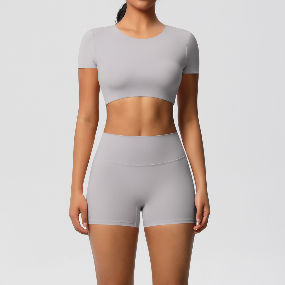 Women Crew Neck Short Sleeve Yoga 2-Piece Outfit, Round Neck Cropped Sports Top 10 Colors, High Waist Butt Lifting Biker Shorts 10 Colors, YFYS7105+YFYS7101