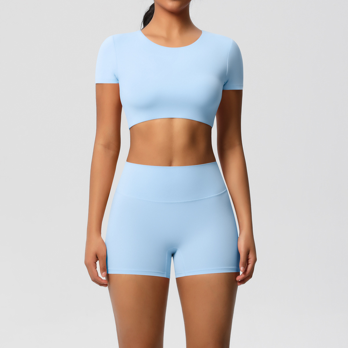 Women Crew Neck Short Sleeve Yoga 2-Piece Outfit, Round Neck Cropped Sports Top 10 Colors, High Waist Butt Lifting Biker Shorts 10 Colors, YFYS7105+YFYS7101