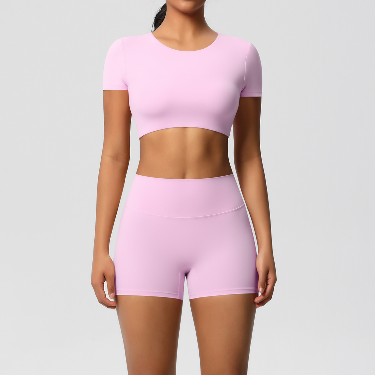 Women Crew Neck Short Sleeve Yoga 2-Piece Outfit, Round Neck Cropped Sports Top 10 Colors, High Waist Butt Lifting Biker Shorts 10 Colors, YFYS7105+YFYS7101
