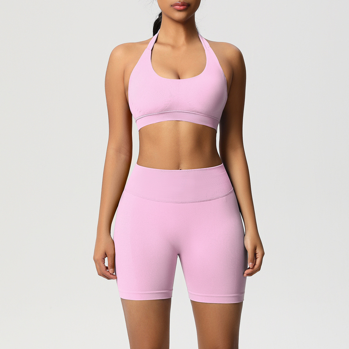 Women Halter Neck Seamless Yoga 2-Piece Outfit, Solid Halter Sports Bra 28 Colors, High Waist Peach Butt Biker Shorts 28 Colors, YFYS6701+YFYS6688