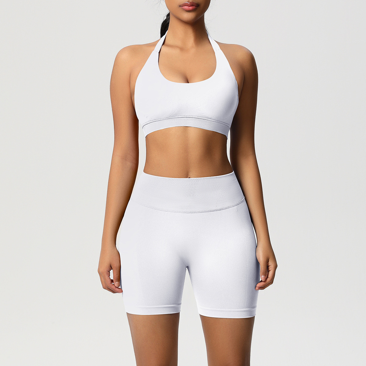 Women Halter Neck Seamless Yoga 2-Piece Outfit, Solid Halter Sports Bra 28 Colors, High Waist Peach Butt Biker Shorts 28 Colors, YFYS6701+YFYS6688