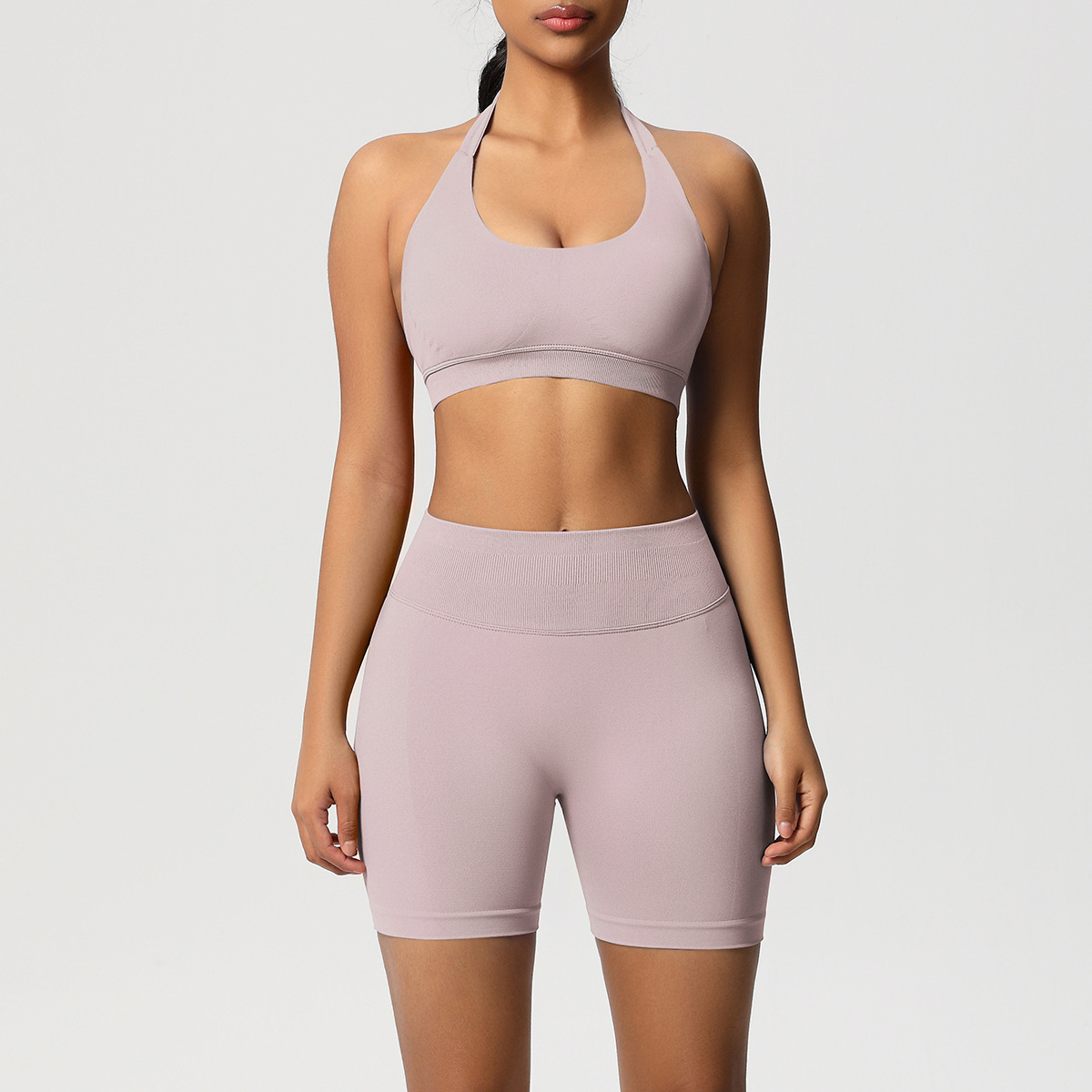 Women Halter Neck Seamless Yoga 2-Piece Outfit, Solid Halter Sports Bra 28 Colors, High Waist Peach Butt Biker Shorts 28 Colors, YFYS6701+YFYS6688