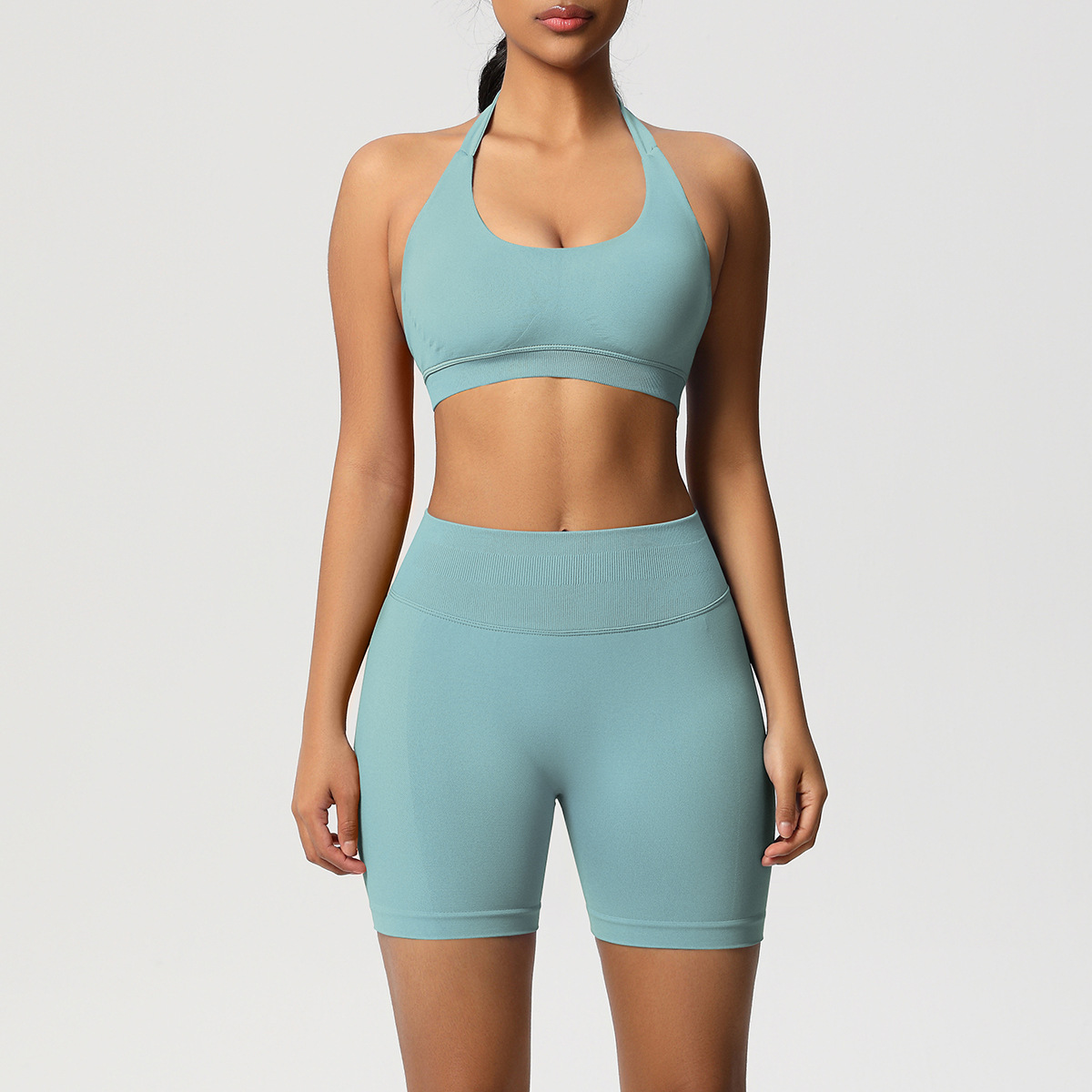 Women Halter Neck Seamless Yoga 2-Piece Outfit, Solid Halter Sports Bra 28 Colors, High Waist Peach Butt Biker Shorts 28 Colors, YFYS6701+YFYS6688