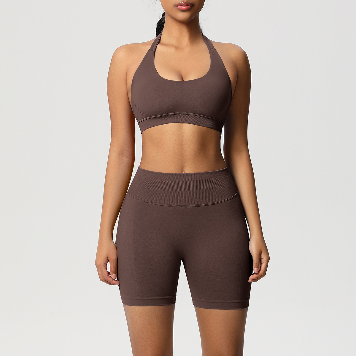 Women Halter Neck Seamless Yoga 2-Piece Outfit, Solid Halter Sports Bra 28 Colors, High Waist Peach Butt Biker Shorts 28 Colors, YFYS6701+YFYS6688