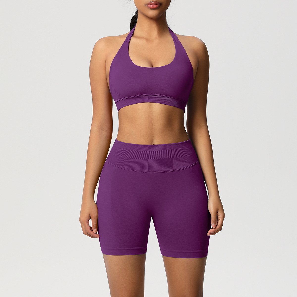 Women Halter Neck Seamless Yoga 2-Piece Outfit, Solid Halter Sports Bra 28 Colors, High Waist Peach Butt Biker Shorts 28 Colors, YFYS6701+YFYS6688