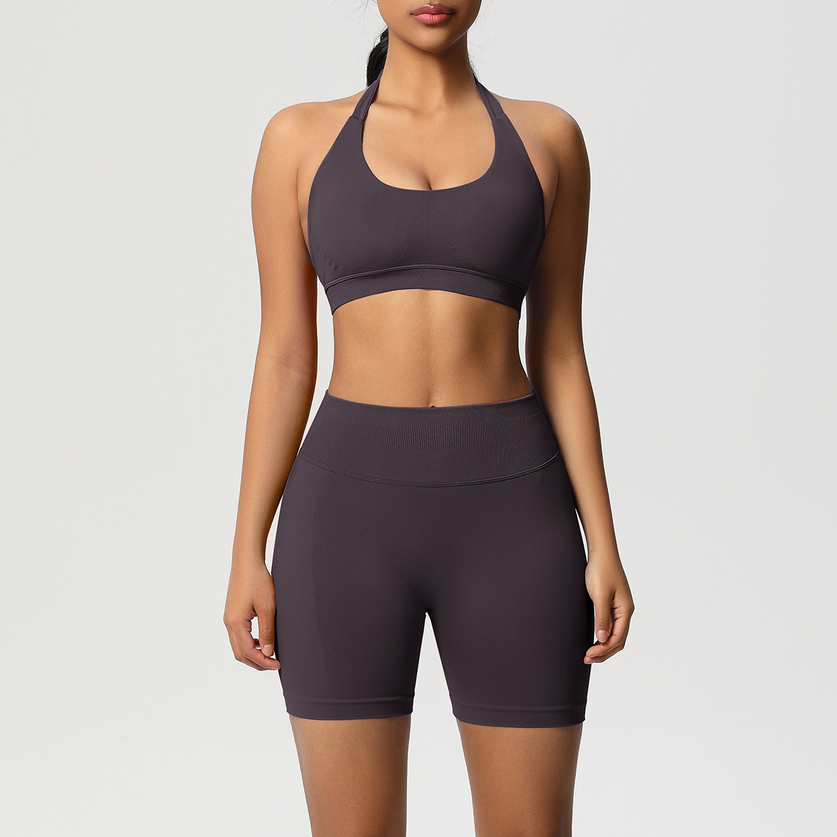 Women Halter Neck Seamless Yoga 2-Piece Outfit, Solid Halter Sports Bra 28 Colors, High Waist Peach Butt Biker Shorts 28 Colors, YFYS6701+YFYS6688