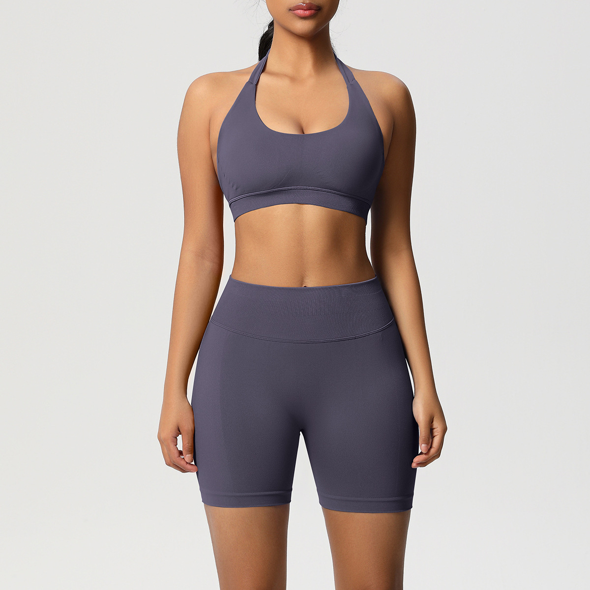 Women Halter Neck Seamless Yoga 2-Piece Outfit, Solid Halter Sports Bra 28 Colors, High Waist Peach Butt Biker Shorts 28 Colors, YFYS6701+YFYS6688