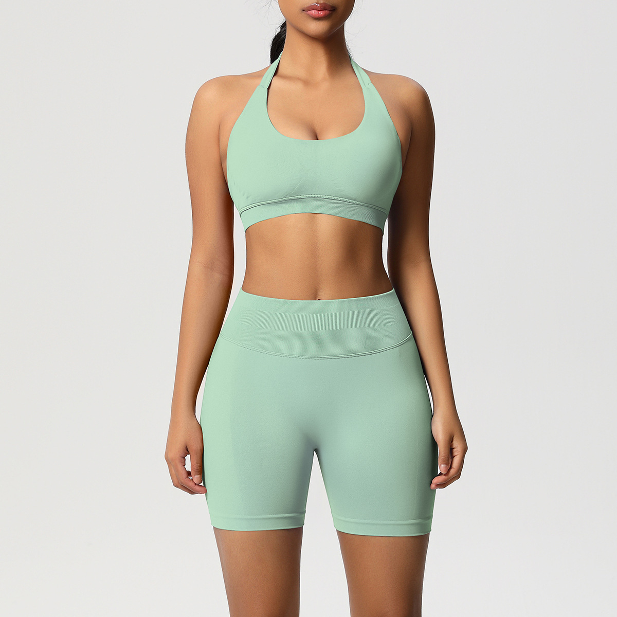 Women Halter Neck Seamless Yoga 2-Piece Outfit, Solid Halter Sports Bra 28 Colors, High Waist Peach Butt Biker Shorts 28 Colors, YFYS6701+YFYS6688