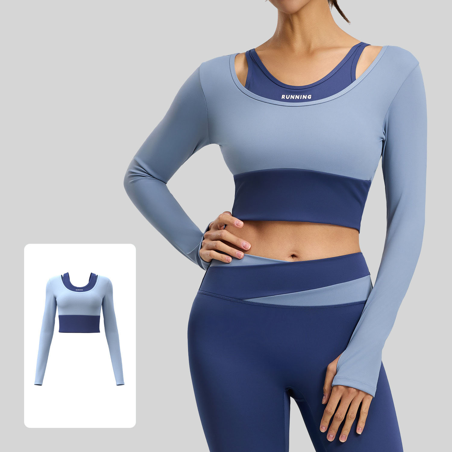 Long-Sleeve Color-Block Faux-Layered Yoga Top with Built-in Pads 3 Colors YFJYMC024