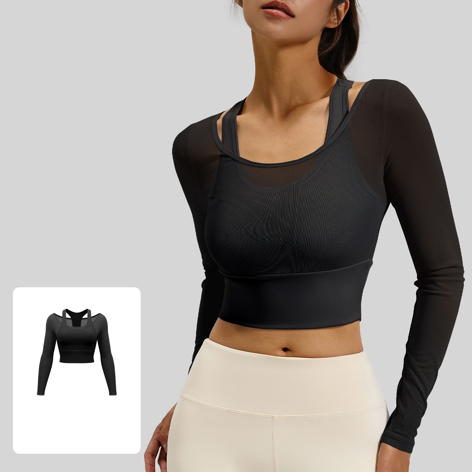 Long-Sleeve Yoga Top With Mesh Detailing "Faux-Layered" Look And Built-In Bra Pads 3 Colors YFJYMC104