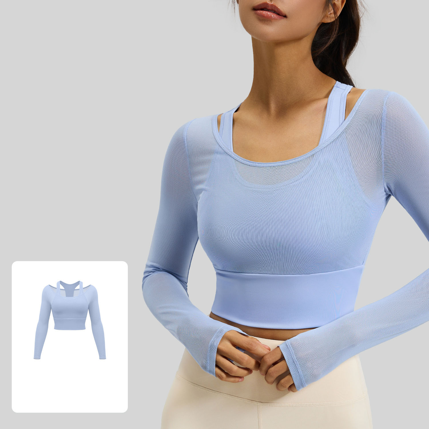 Long-Sleeve Yoga Top With Mesh Detailing "Faux-Layered" Look And Built-In Bra Pads 3 Colors YFJYMC104
