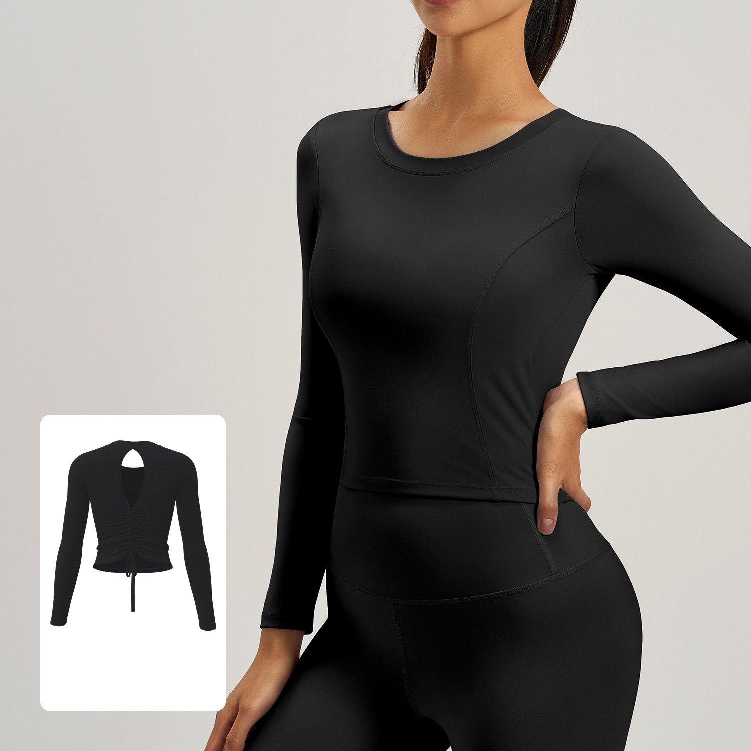 Long-Sleeve Running Top Featuring Ruched Open-Back Cutout Design With A Drawstring And Built-In Padding 4 Colors YFJYMC112