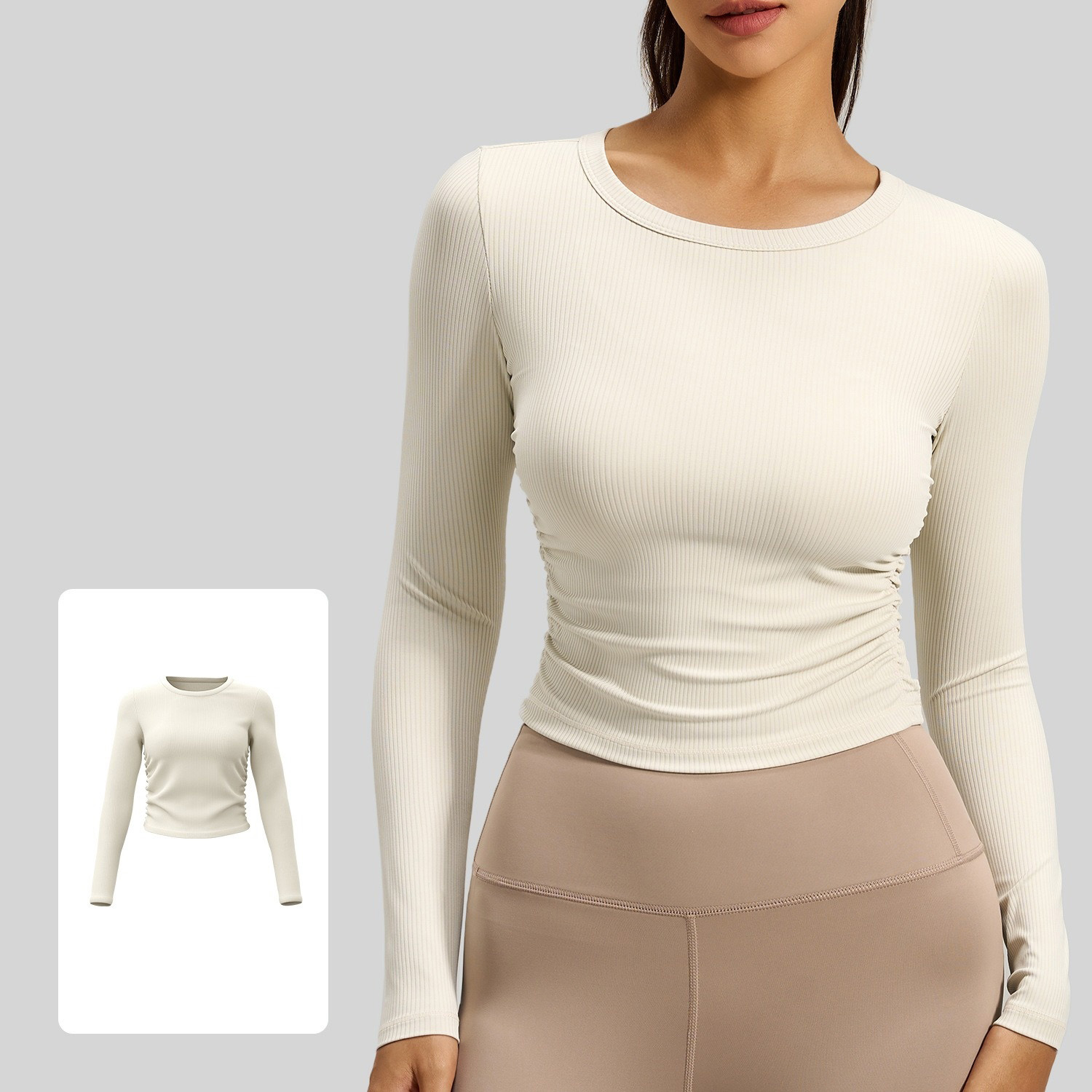 Breathable Long-Sleeved Fitted Yoga Top With Gathered Waist 3 Colors YFJYTC010