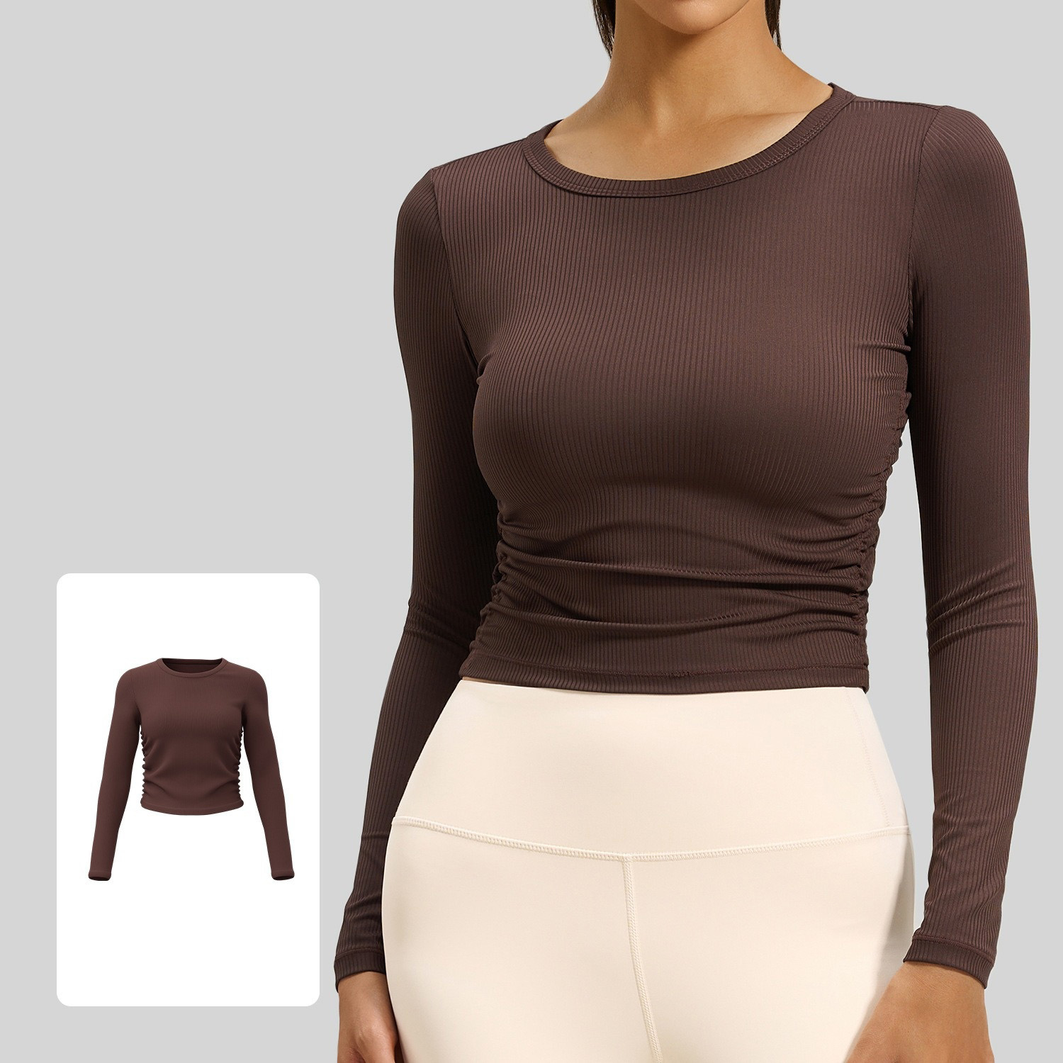 Breathable Long-Sleeved Fitted Yoga Top With Gathered Waist 3 Colors YFJYTC010