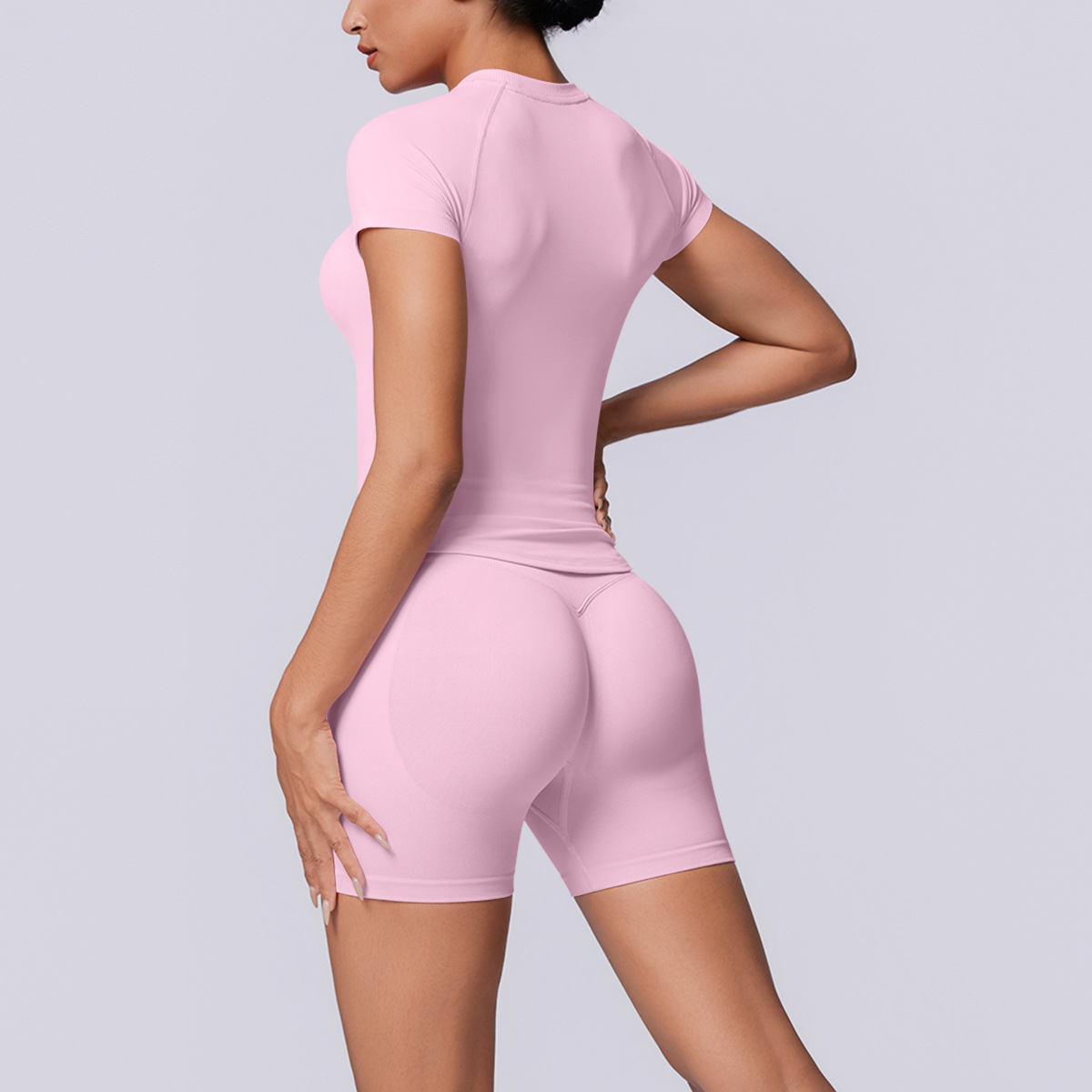 Women Raglan Short Sleeve Yoga 2-Piece Outfit, Crew Neck Seamless Crop Top 10 Colors, High Waist Peach Butt Biker Shorts 10 Colors, YFYS6705+YFYS6688
