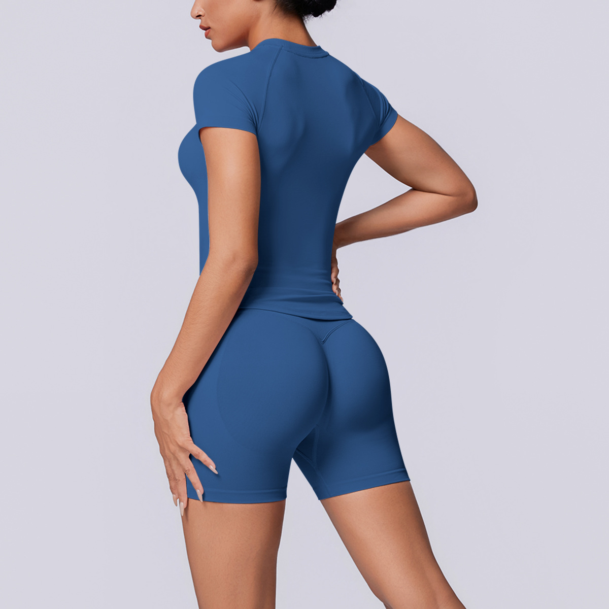 Women Raglan Short Sleeve Yoga 2-Piece Outfit, Crew Neck Seamless Crop Top 10 Colors, High Waist Peach Butt Biker Shorts 10 Colors, YFYS6705+YFYS6688