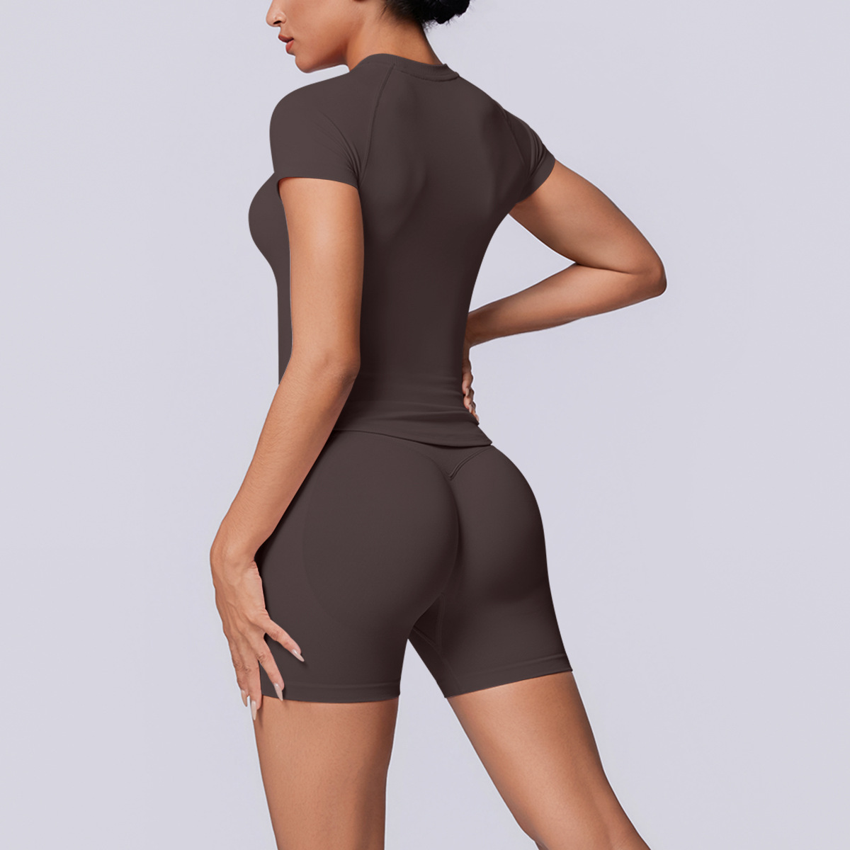 Women Raglan Short Sleeve Yoga 2-Piece Outfit, Crew Neck Seamless Crop Top 10 Colors, High Waist Peach Butt Biker Shorts 10 Colors, YFYS6705+YFYS6688