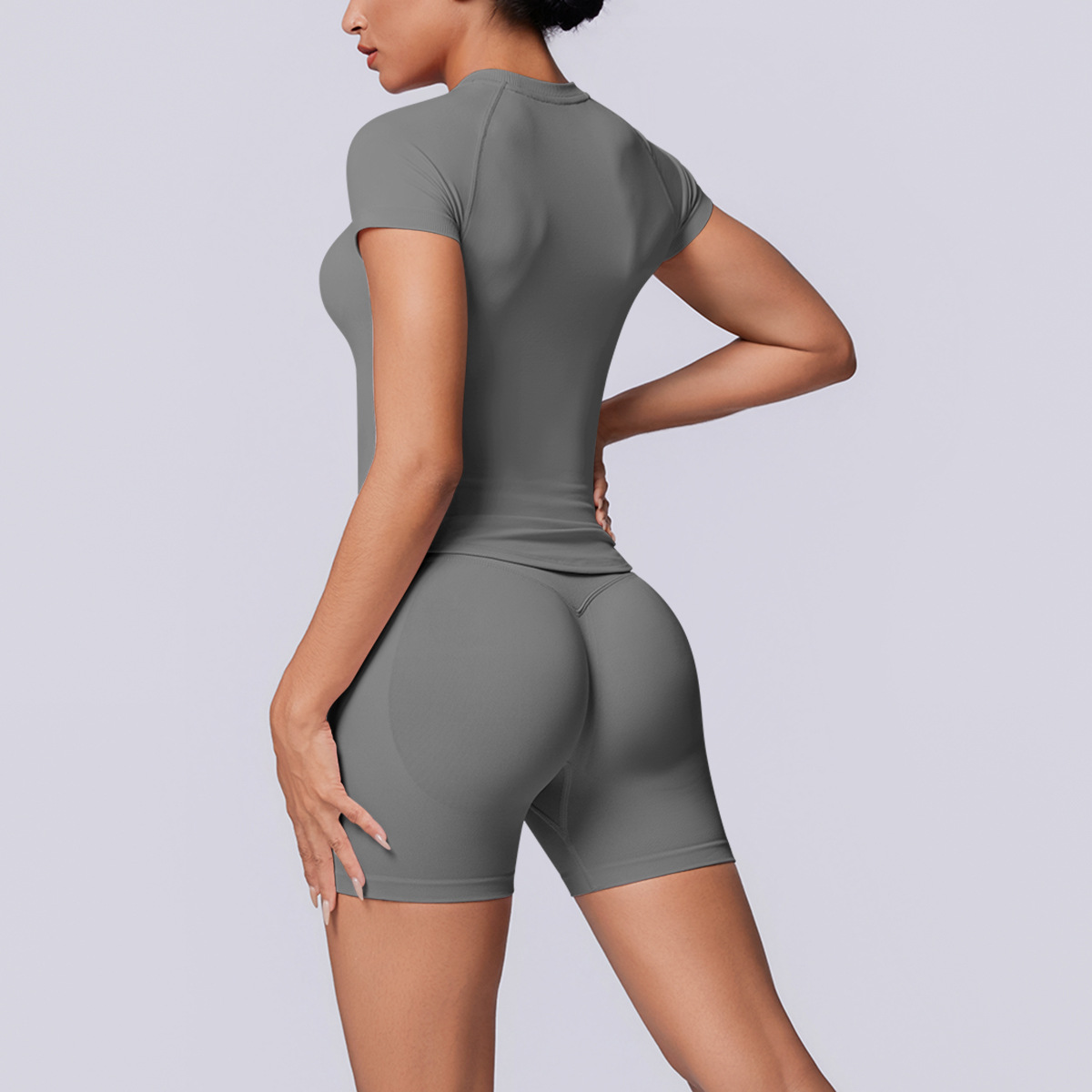 Women Raglan Short Sleeve Yoga 2-Piece Outfit, Crew Neck Seamless Crop Top 10 Colors, High Waist Peach Butt Biker Shorts 10 Colors, YFYS6705+YFYS6688