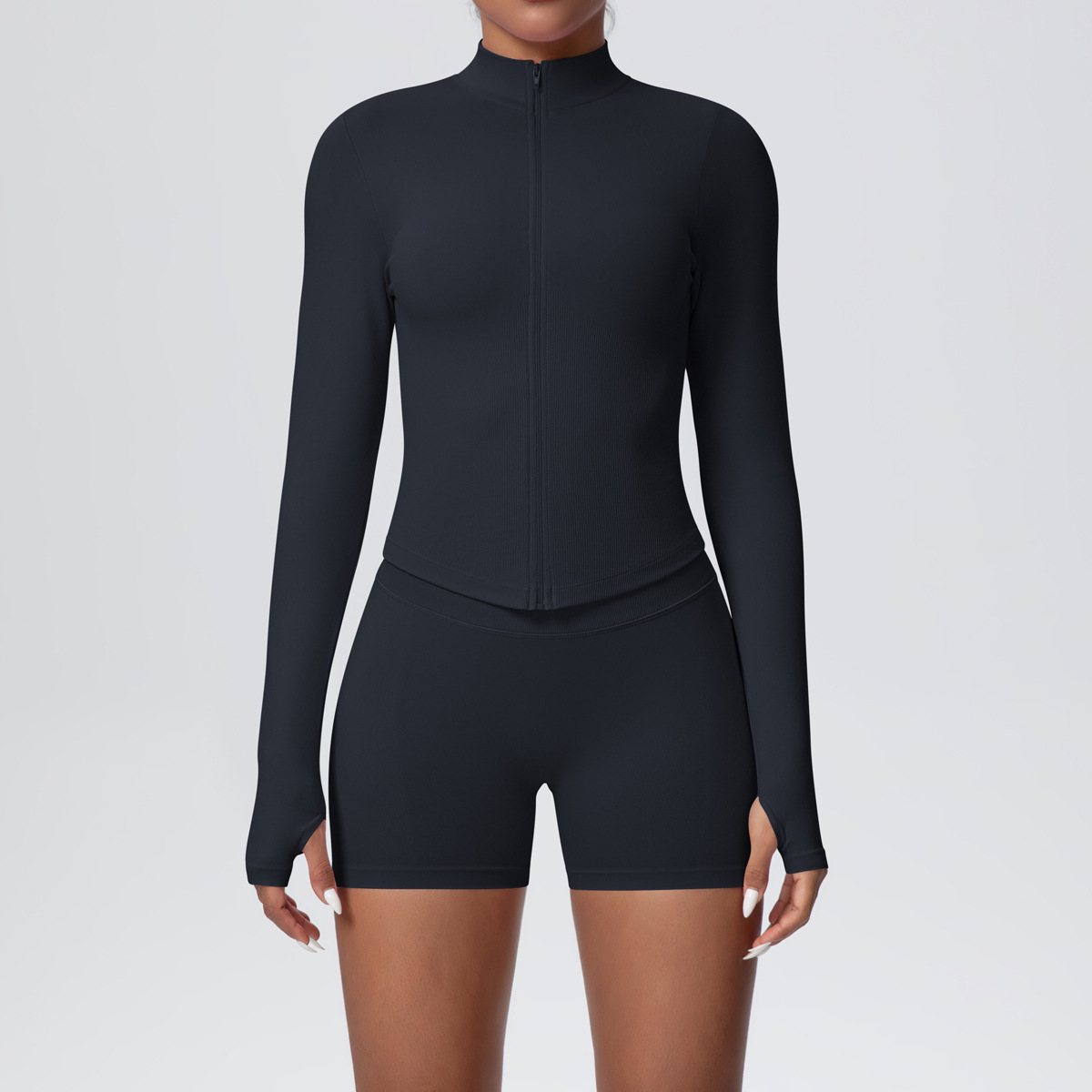 Women Zip Thumb Hole Long Sleeve Seamless Yoga 2 Piece Set, Stand Collar Cropped Jacket 10 Colors, High Waist Peach Butt Biker Shorts 10 Colors, YFYS6704+YFYS6688