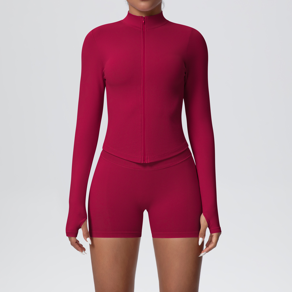 Women Zip Thumb Hole Long Sleeve Seamless Yoga 2 Piece Set, Stand Collar Cropped Jacket 10 Colors, High Waist Peach Butt Biker Shorts 10 Colors, YFYS6704+YFYS6688