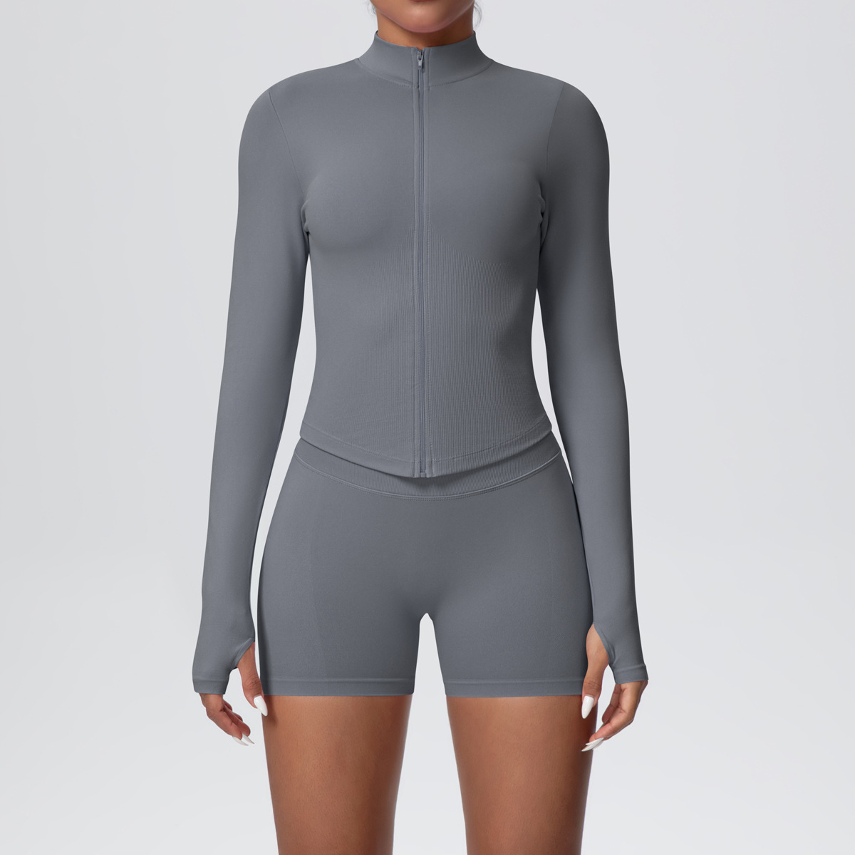 Women Zip Thumb Hole Long Sleeve Seamless Yoga 2 Piece Set, Stand Collar Cropped Jacket 10 Colors, High Waist Peach Butt Biker Shorts 10 Colors, YFYS6704+YFYS6688