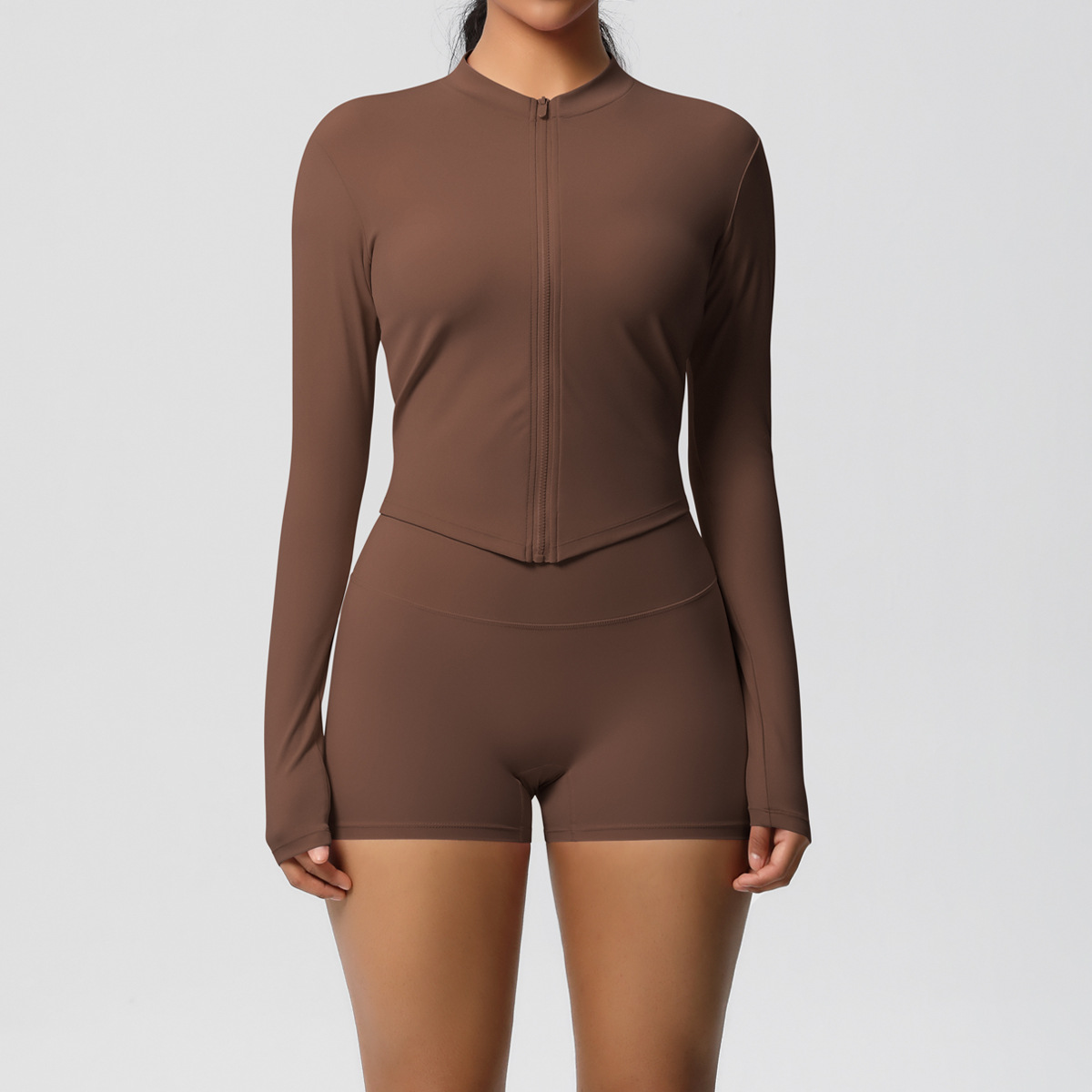 Women Zip Up Long Sleeve Yoga 2-Piece Outfit, Stand Collar Full Zip Crop Jacket 10 Colors, High Waist Butt Lifting Biker Shorts 10 Colors, YFYS7106+YFYS7101