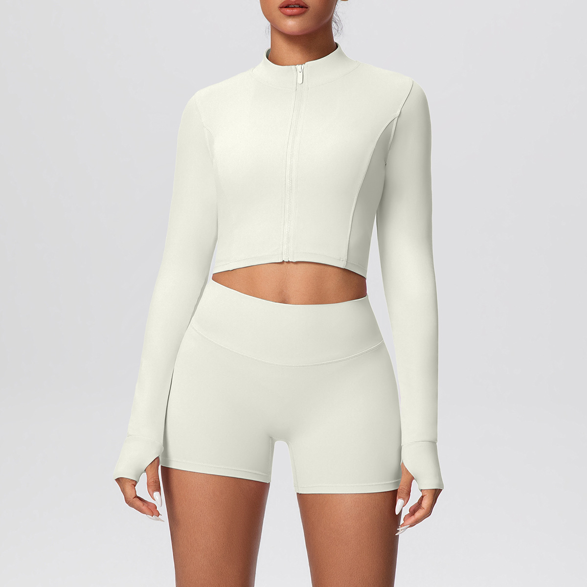 Naked Soft Fitness Set, Zip Up Thumb Hole Long Sleeve Crop Top 10 Colors, Tummy Control Compression Shorts 10 Colors, YFYS7128+YFYS7101