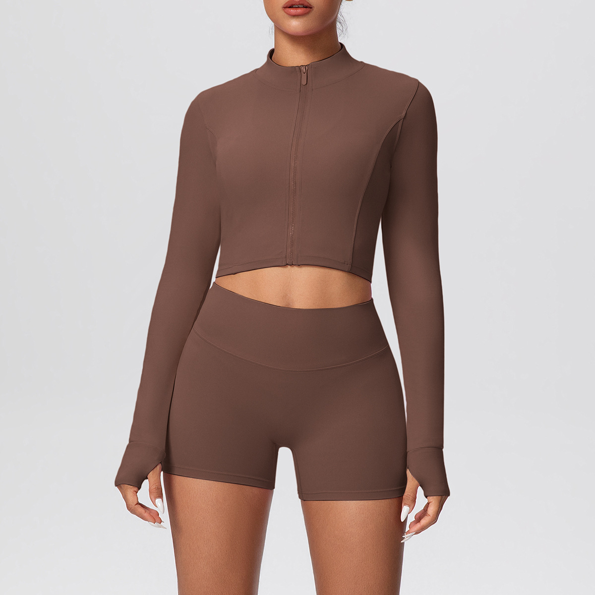 Naked Soft Fitness Set, Zip Up Thumb Hole Long Sleeve Crop Top 10 Colors, Tummy Control Compression Shorts 10 Colors, YFYS7128+YFYS7101