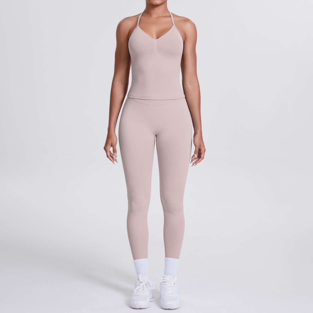 Women Halter Neck Yoga 2-Piece Outfit, Sleeveless Halter Beauty Back Crop Top 26 Colors, High Waist Butt Lifting Biker Shorts 26 Colors, YFYS6700+YFYS6688