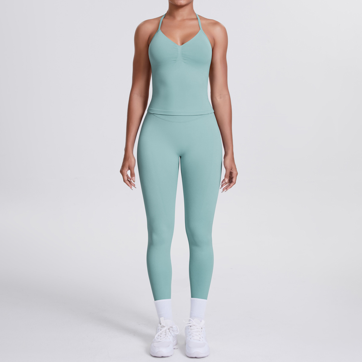 Women Halter Neck Yoga 2-Piece Outfit, Sleeveless Halter Beauty Back Crop Top 26 Colors, High Waist Butt Lifting Biker Shorts 26 Colors, YFYS6700+YFYS6688