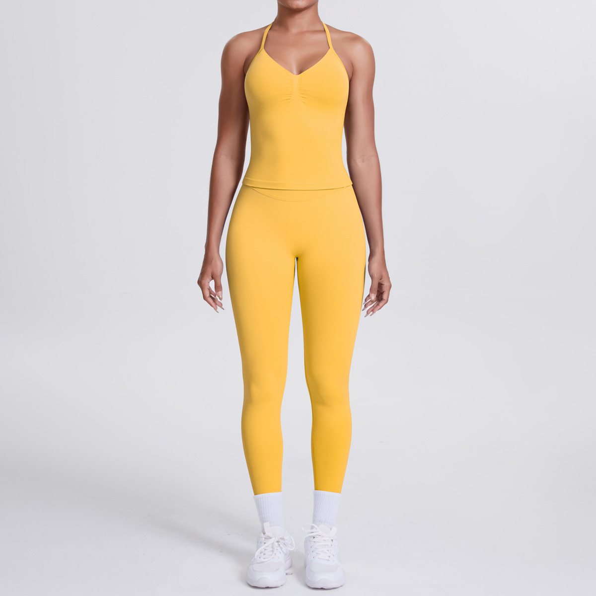 Women Halter Neck Yoga 2-Piece Outfit, Sleeveless Halter Beauty Back Crop Top 26 Colors, High Waist Butt Lifting Biker Shorts 26 Colors, YFYS6700+YFYS6688